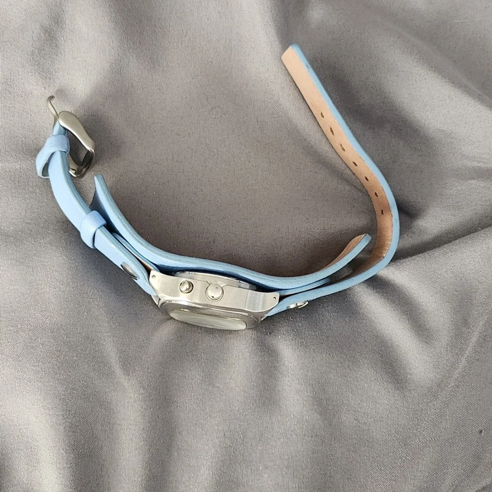 Fossil Big Tic Watch Blue Leather Cuff Strap Stainless Steel JR-8123 Y2K Vintage
